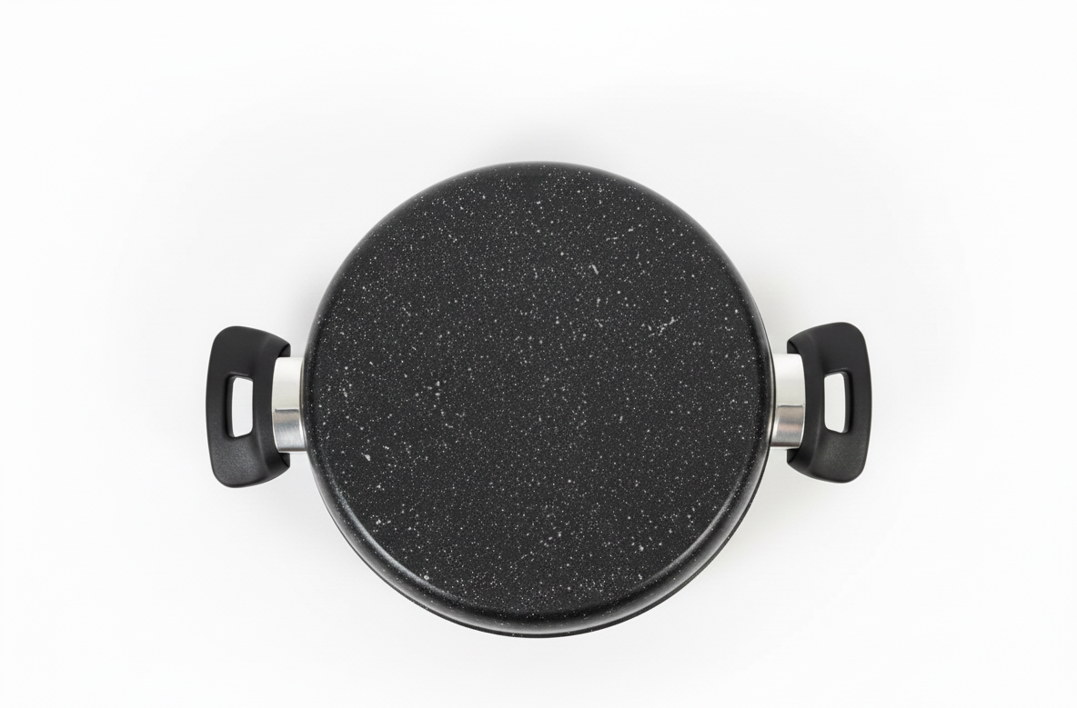 Black speckled cookware pot on a white background