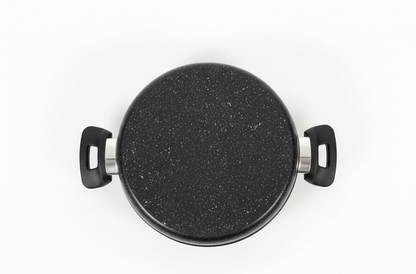 Black speckled cookware pot on a white background
