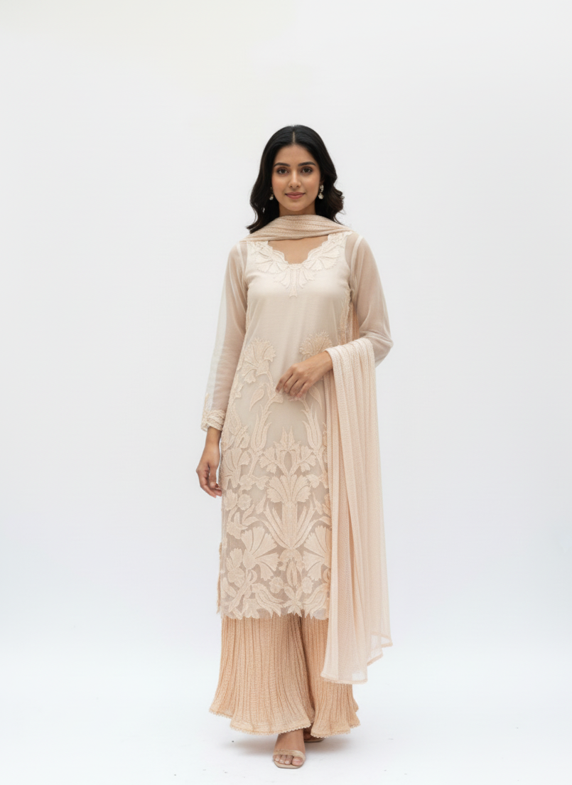 Woman wearing a beige traditional outfit with a matching dupatta on a white background