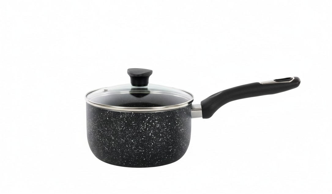 Black speckled cookware with a lid on a white background