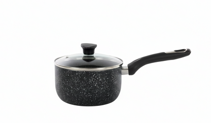 Black speckled cookware with a lid on a white background