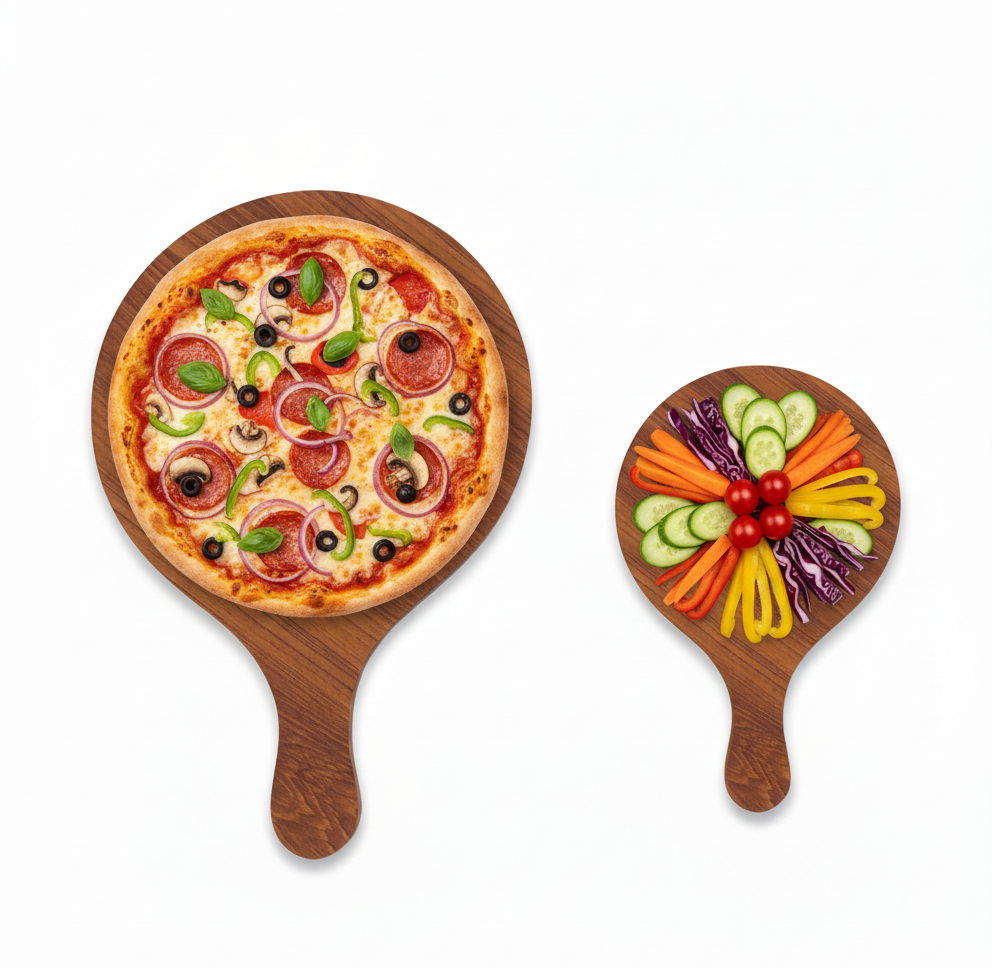 Wooden pizza paddle with a pizza on one side and a colorful vegetable platter on the other, on a white background.
