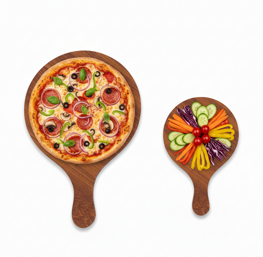 Wooden pizza paddle with a pizza on one side and a colorful vegetable platter on the other, on a white background.
