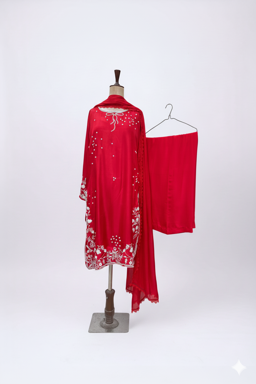 Red outfit with white embroidery on a mannequin and hanger against a white background