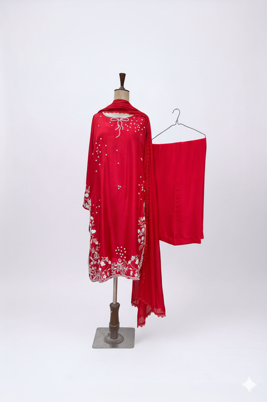 Red outfit with white embroidery on a mannequin and hanger against a white background