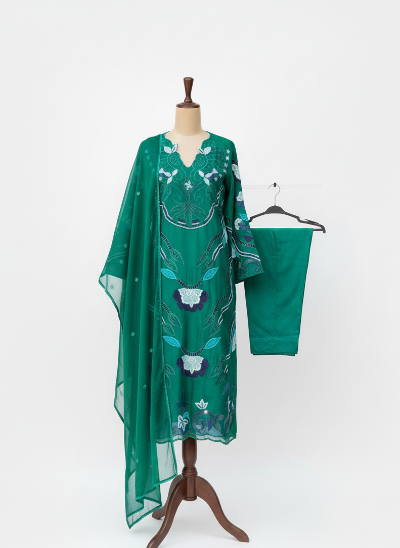 Green embroidered dress on a mannequin with a white background
