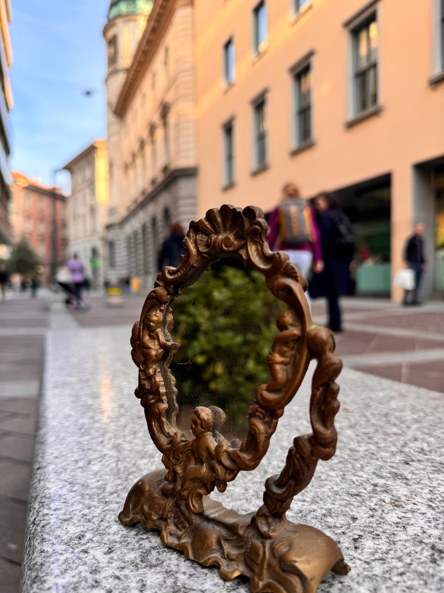 Vintage baroque table mirror with cherubic figures