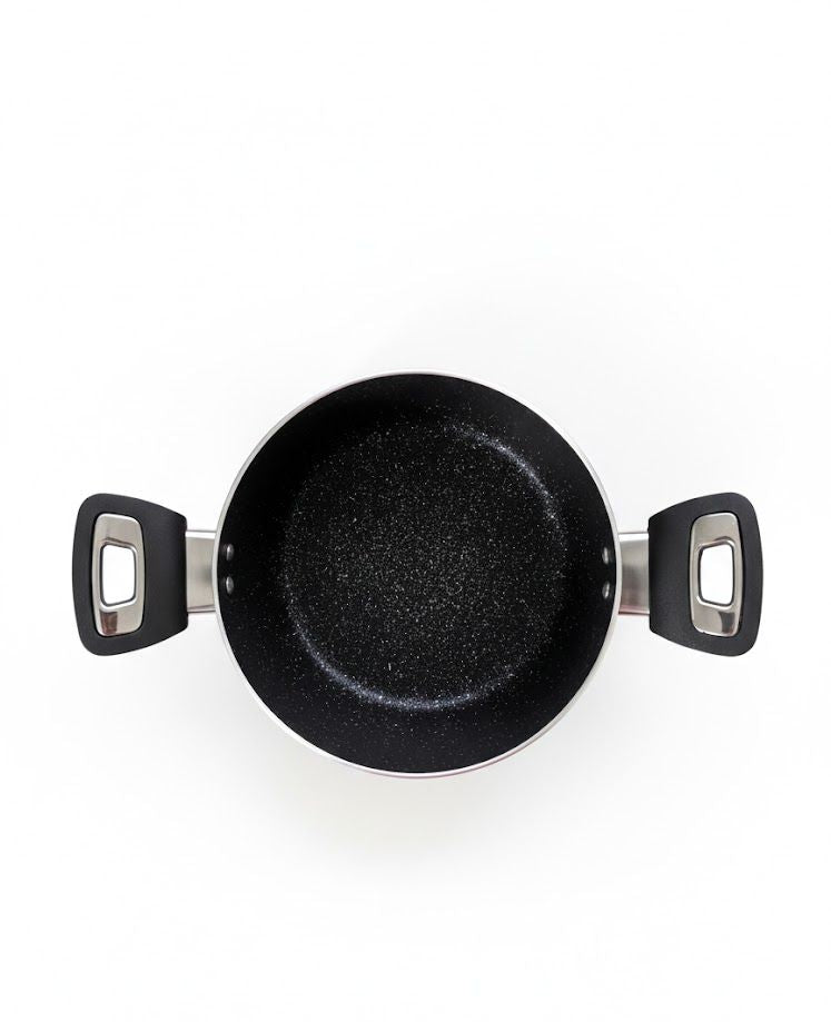 Black frying pan with handles on a white background